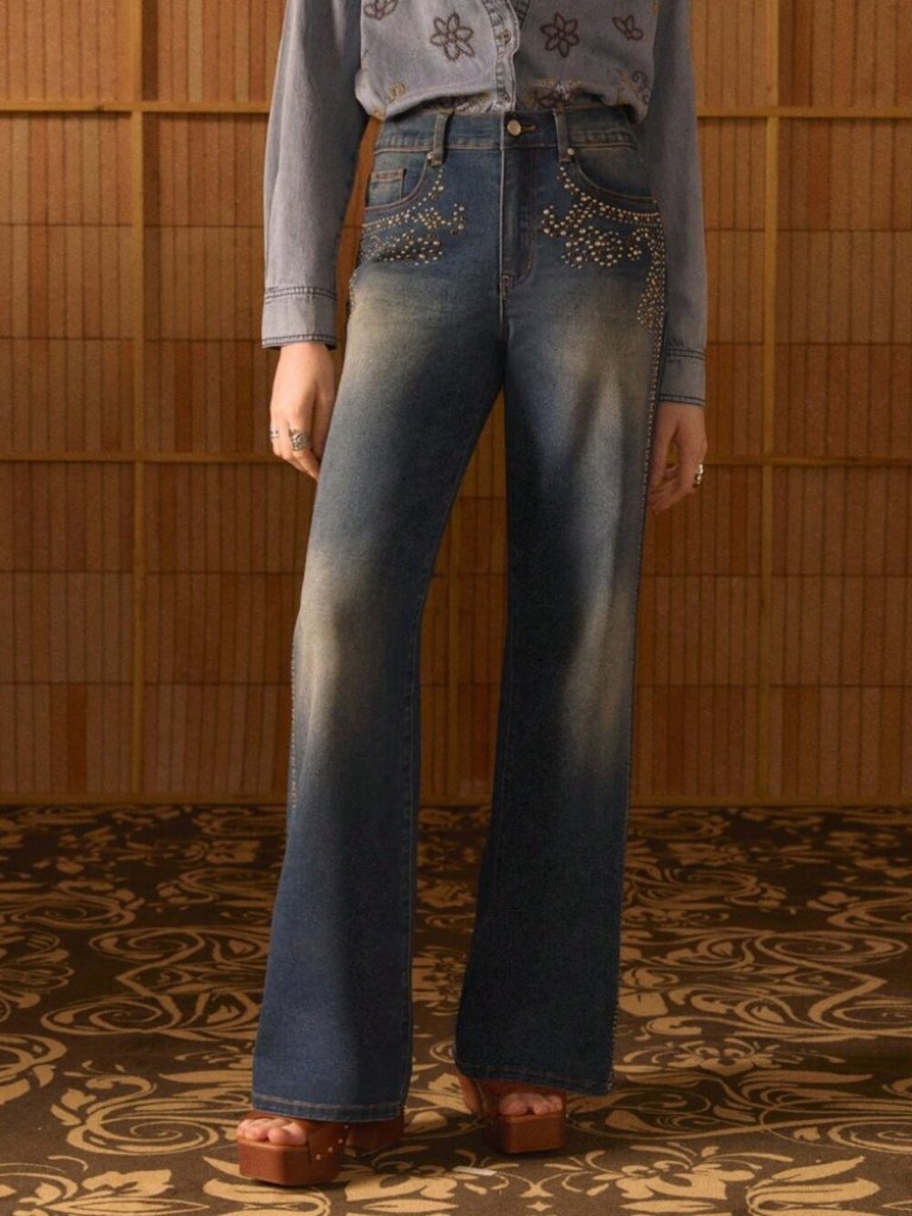 Blue Studded Denim Flare Western Style Boho Jeans with Whiskered Wash